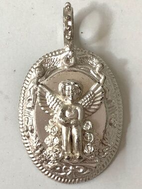 Neiman Marcus Designer Rebecca Collins Chunky Silver Tone Angel Oval Pendant